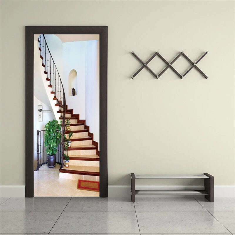 3D Wooden Stairs Self-adhesive Door Mural Door Wall Decals Wallpaper Stickers 07FC0E-D4 - KOEEK