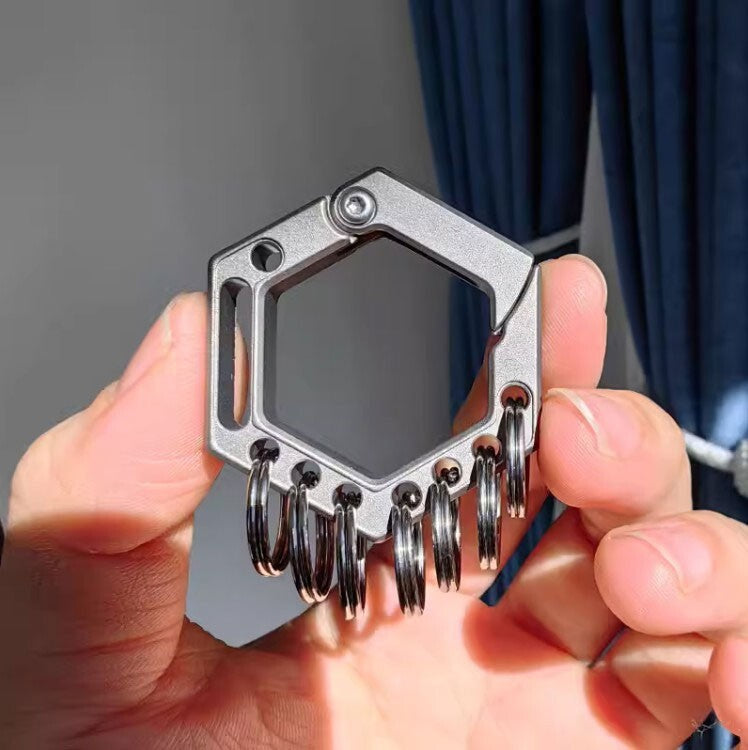 EDC Titanium Hexagon Key chain Carabiner Pendant Outdoor Connectors w/ 5 Rings 07FC0E-D4 - KOEEK