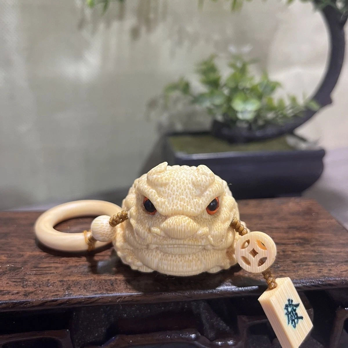 Solid Jade Bamboo Dragon Blood Gold Toad Bamboo Carved Handcrafted Amulet 07FC0E-D4 - KOEEK