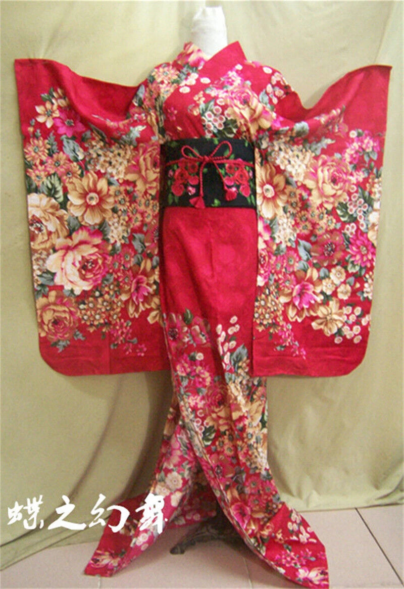 Japanese Traditional Furisode Women Long Red Floral Kimono Cosplay Costume Dress 07FC0E-D4 - KOEEK
