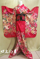 Japanese Traditional Furisode Women Long Red Floral Kimono Cosplay Costume Dress 07FC0E-D4 - KOEEK