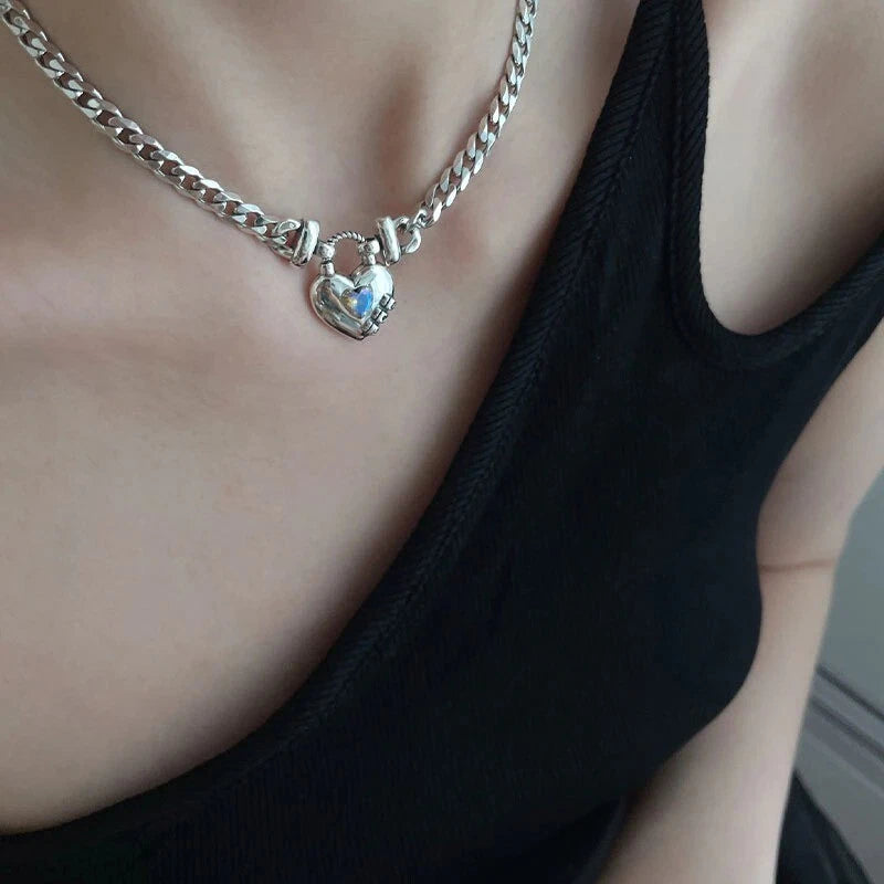 925 Silver women Vintage Unique Heart Pendant Necklace Retro Cuban Link Chain 07FC0E-D4 - KOEEK