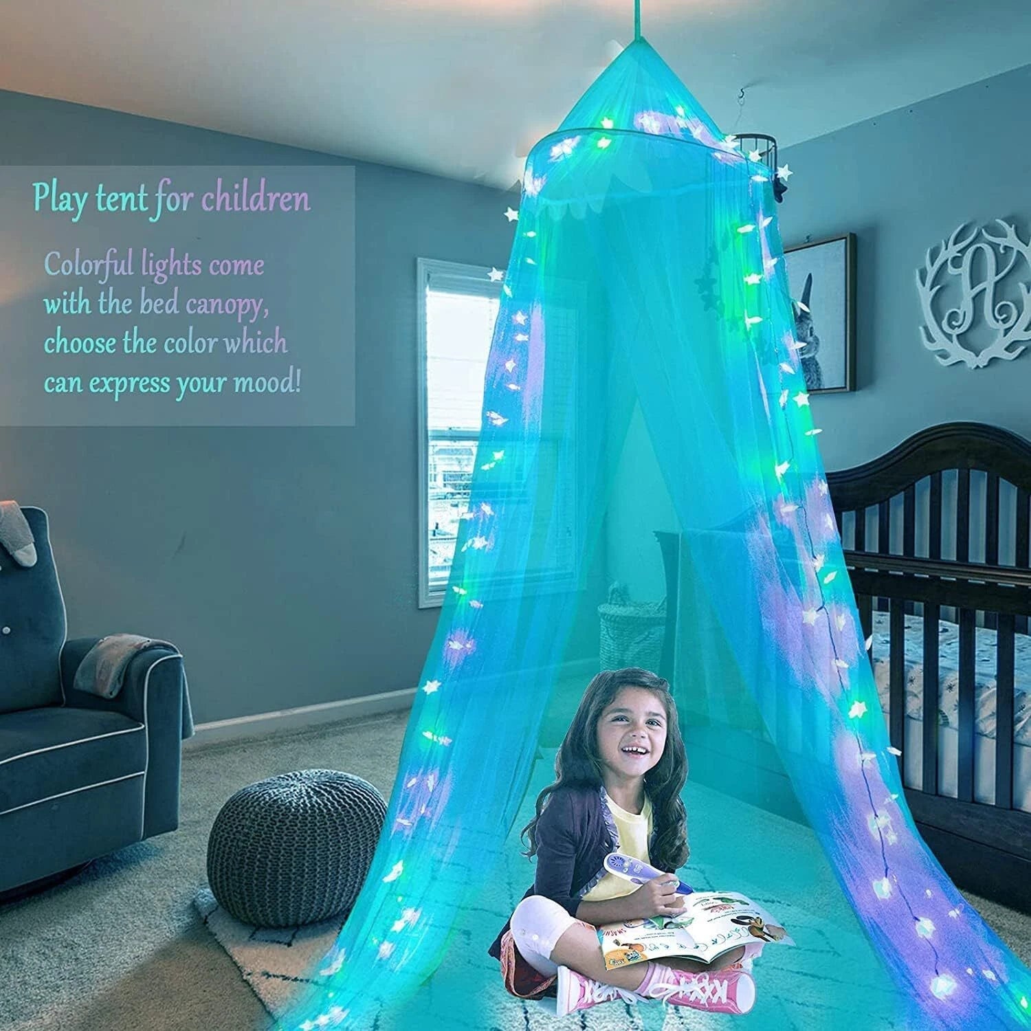 Bed Canopy with LED Star Lights, Princess Canopy Bed Curtain with 18 Colors 07FC0E-D4 - KOEEK