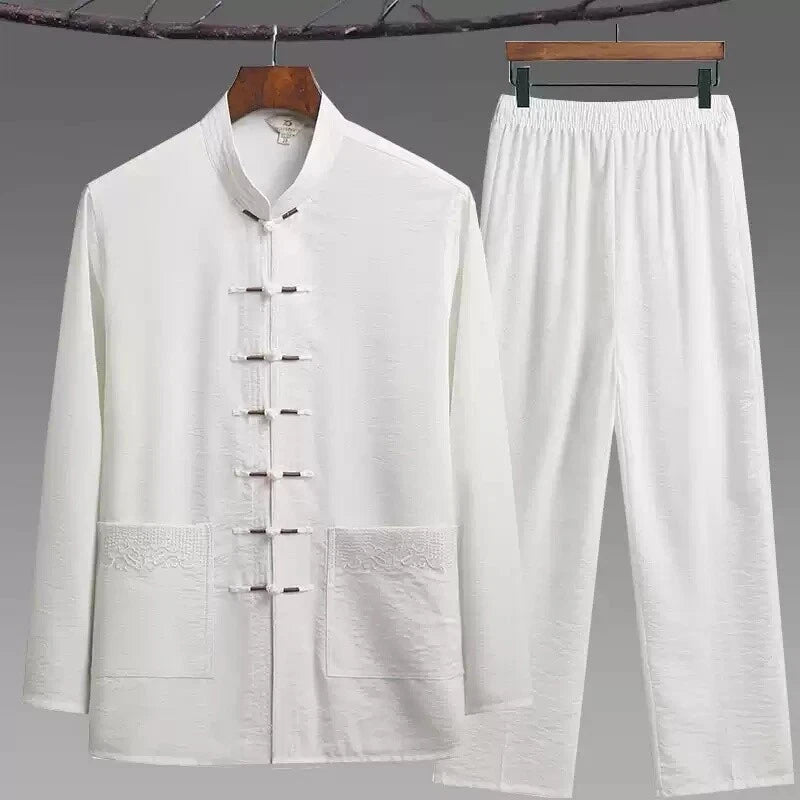 Chinese Traditional Clothing Kung Fu Buckle Shirt Oriental Retro Top Pants Set 07FC0E-D4 - KOEEK