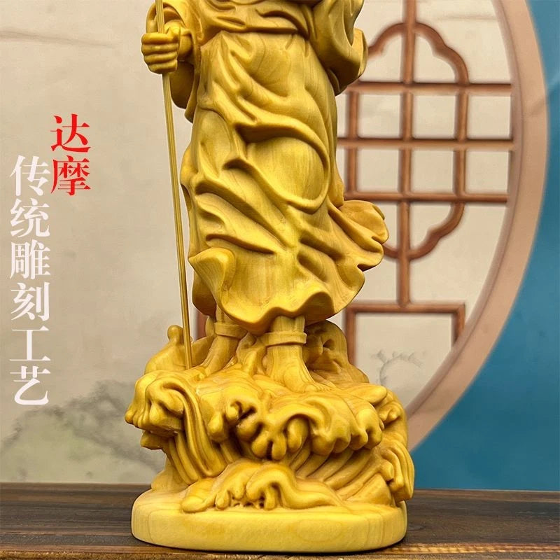12cm Boxwood Carved Dharma Master One Bamboo Crossing Figurine Home Décor Gift 07FC0E-D4 - KOEEK