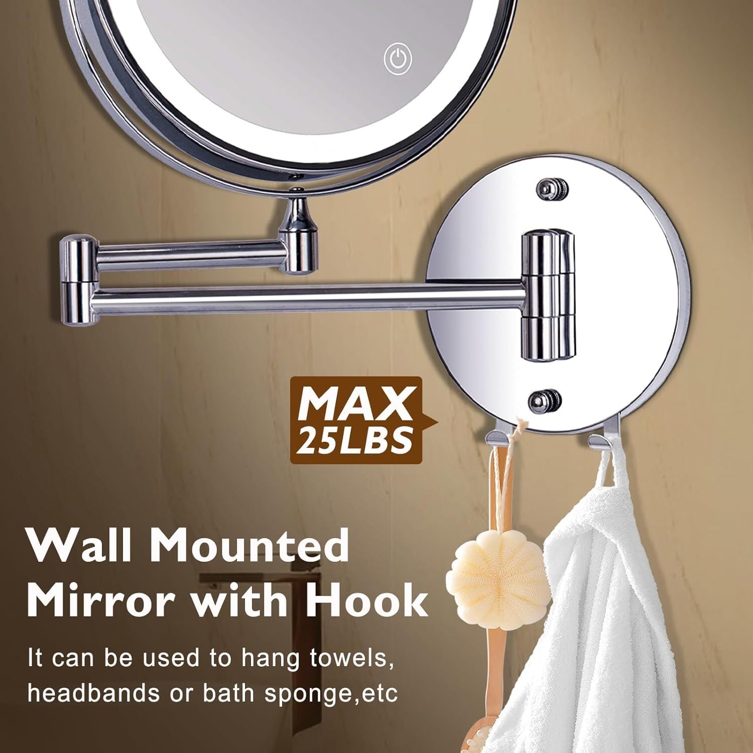 new 1X/15X Wall Mounted Makeup Mirror with Hook, USB Rechargeable LED 3 Silver 07FC0E-D4 - KOEEK
