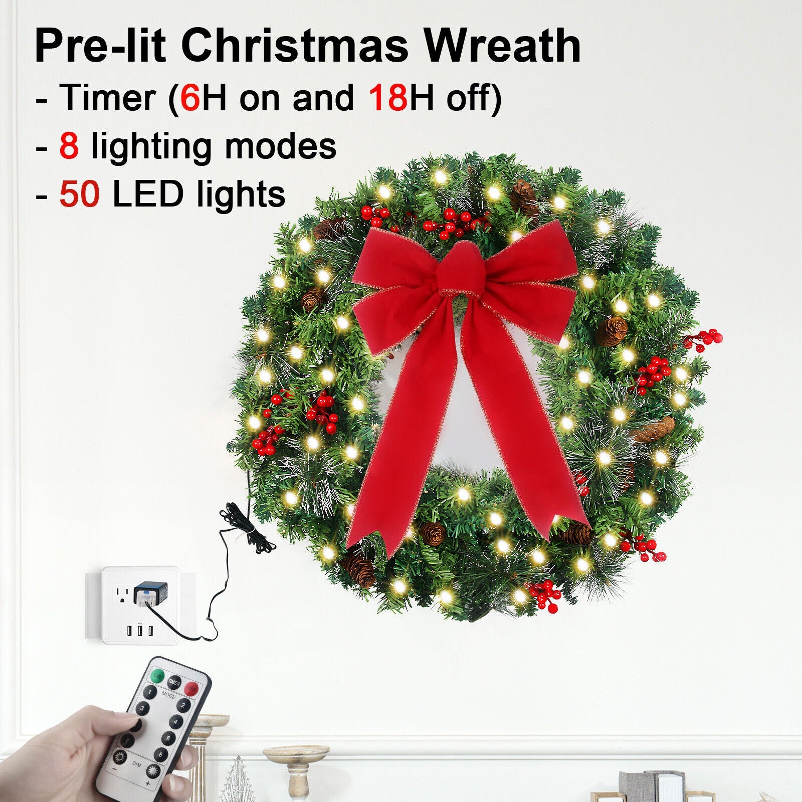 24" Prelit Christmas Wreath with LED Warm White Lights For Front Door Decoration 07FC0E-D4 - KOEEK