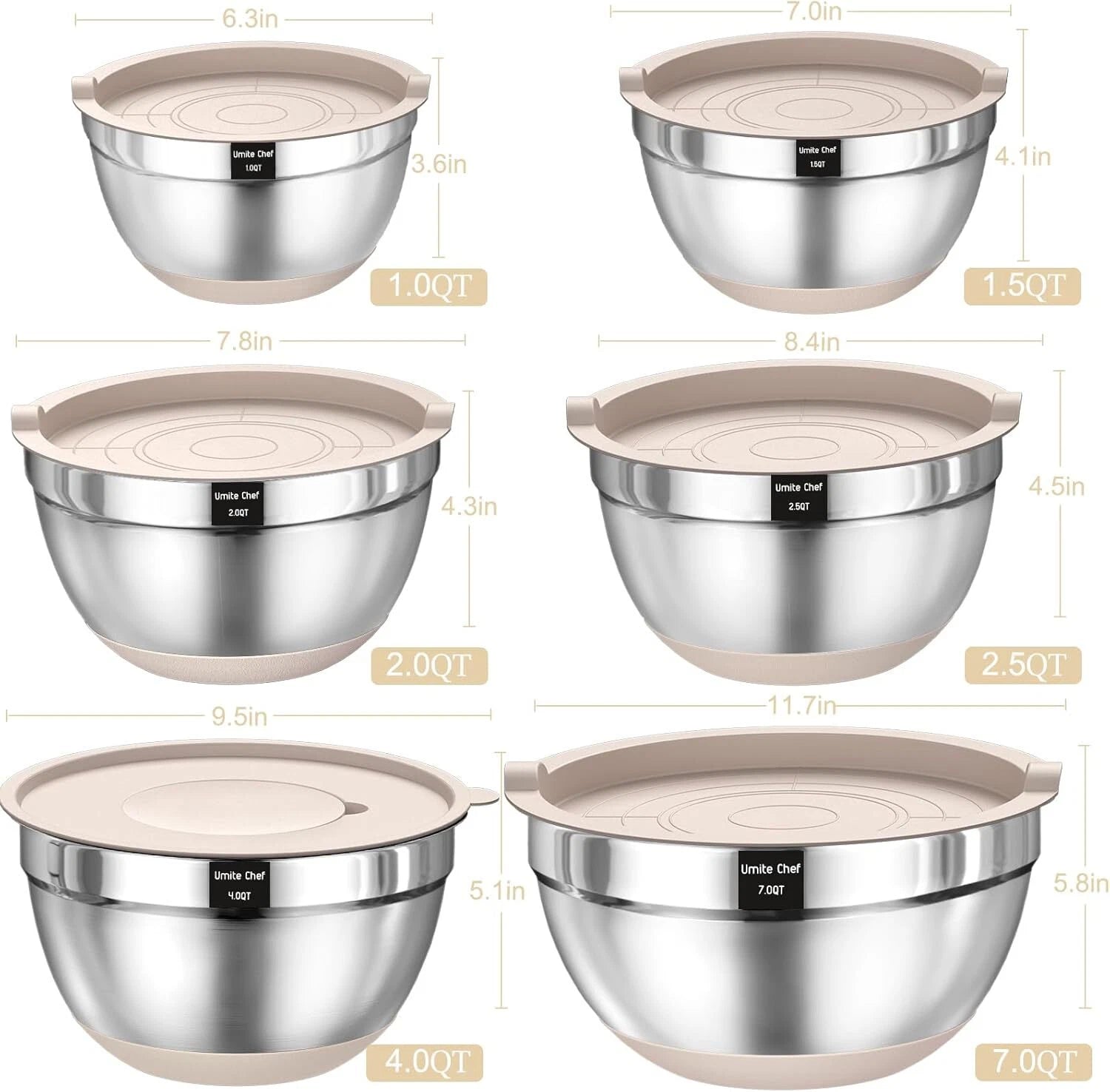 Mixing Bowl Set with Sealed Lid, 26 Piece Stainless Steel Khaki Bowl Set. 07FC0E-D4 - KOEEK