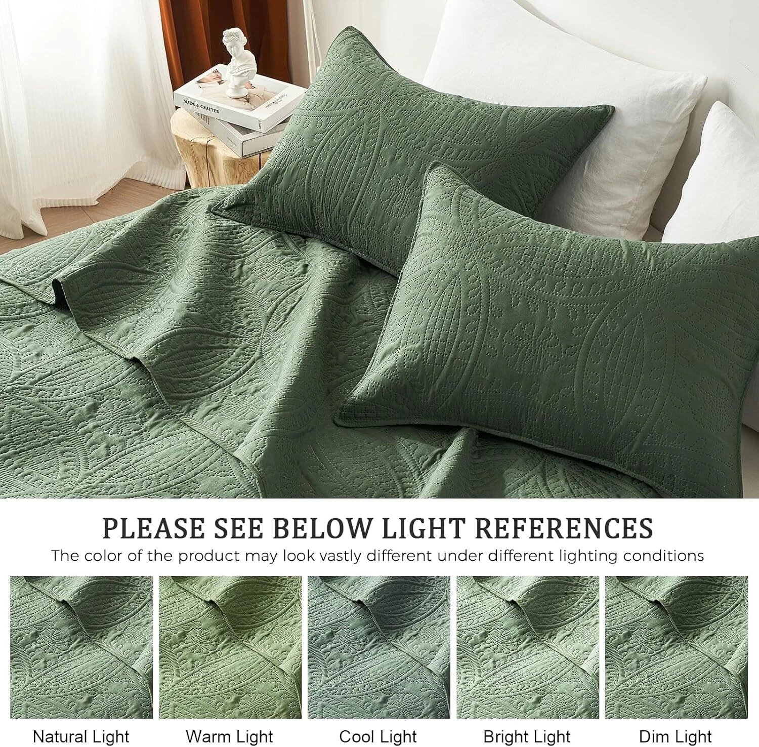 Queen Quilt Bedding Set,Olive Green Ultrasonic Full/Queen Quilt Set,Lightweight 07FC0E-D4 - KOEEK