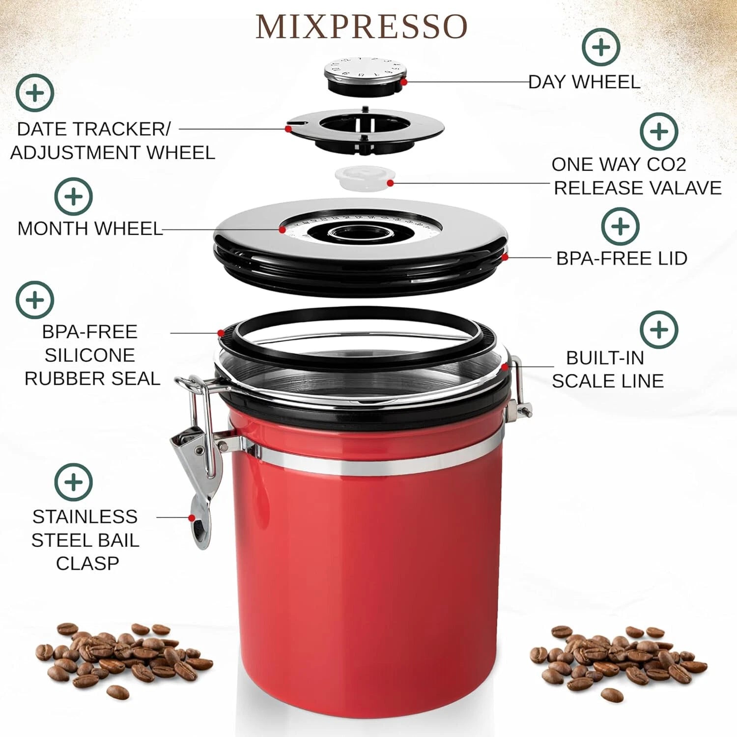 16 Oz Coffee Canister Red, Stainless Steel Airtight Coffee Container, Ground 07FC0E-D4 - KOEEK