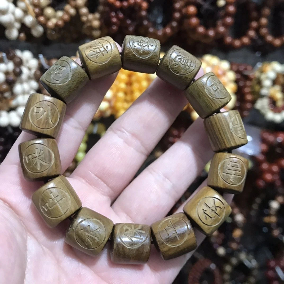 Green Sandalwood Bracelet 20mm Beads Six Syllable Mantra Mala Agarwood Beads 07FC0E-D4 - KOEEK