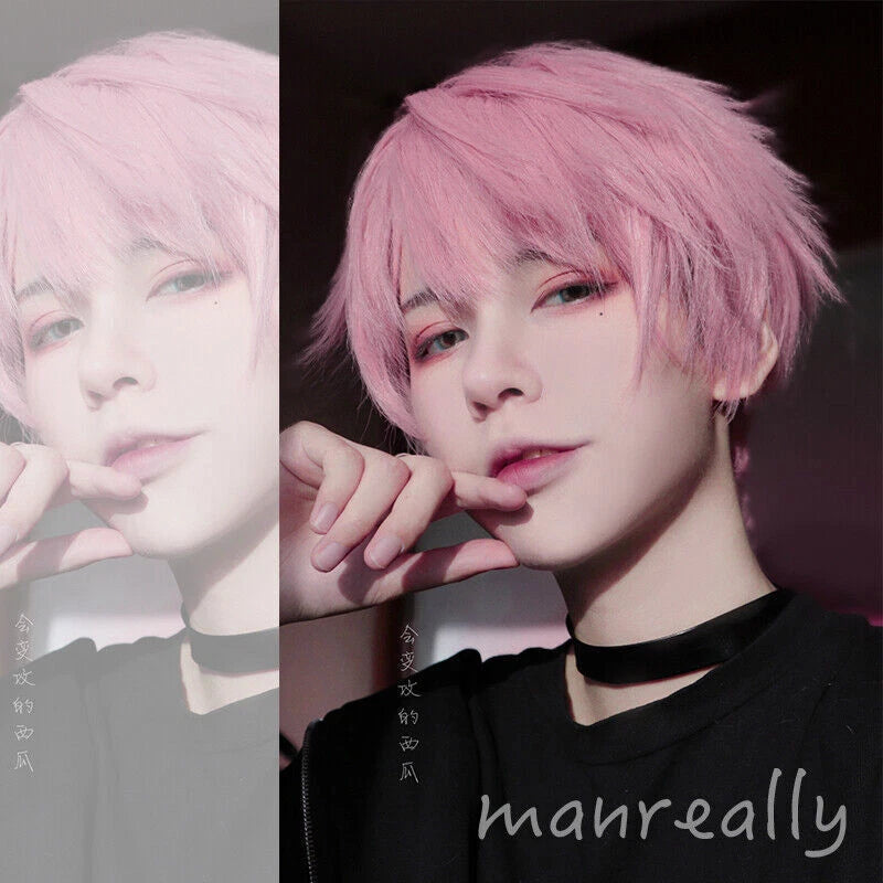 Daily Fluffy Men Short Hair Cosplay Kawaii Boys Full Wig Pink Hairpiece Gift 07FC0E-D4 - KOEEK