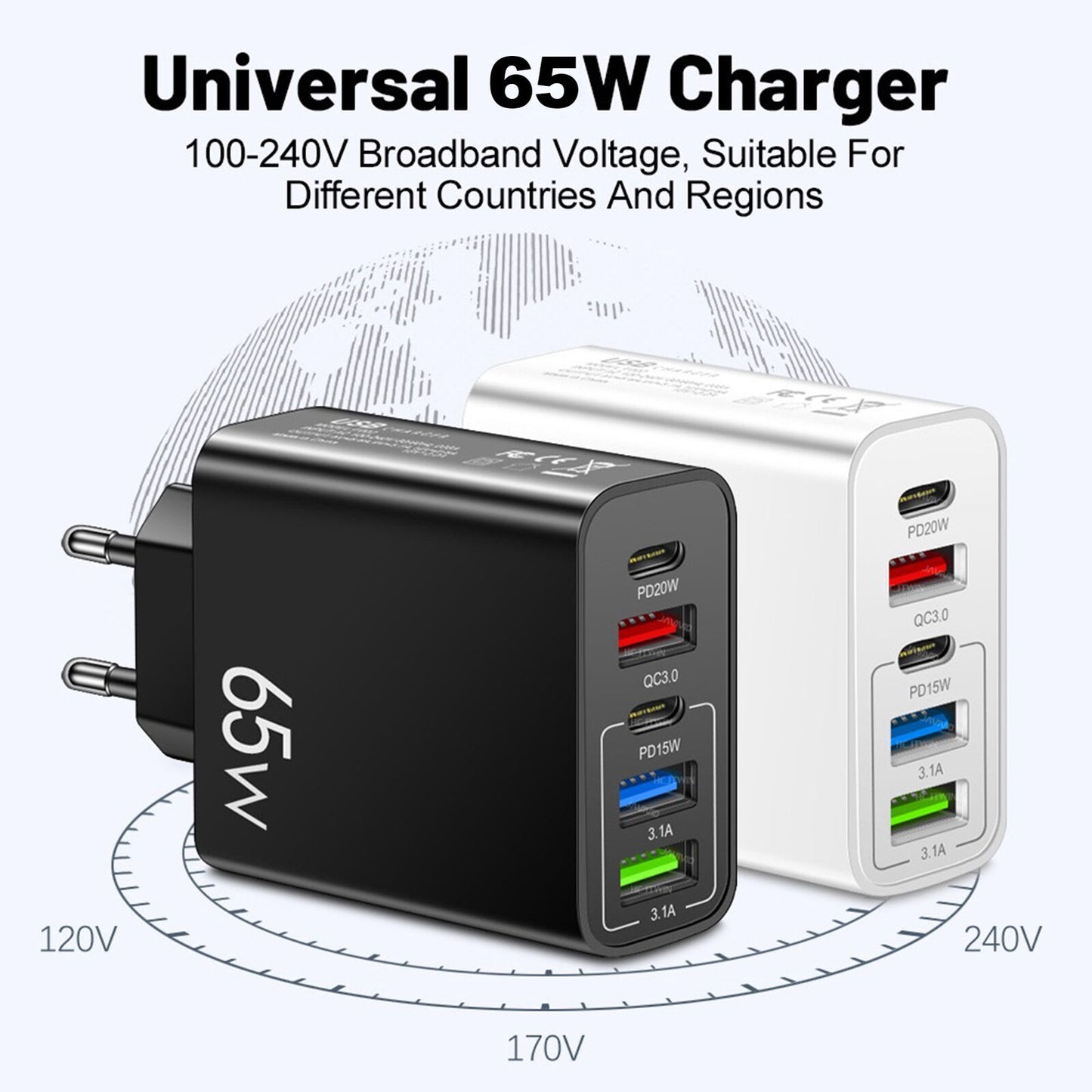 new 65W Charger Fast Charging Station 2type c PD+3USB Lightweight Portable Charger koeek - KOEEK