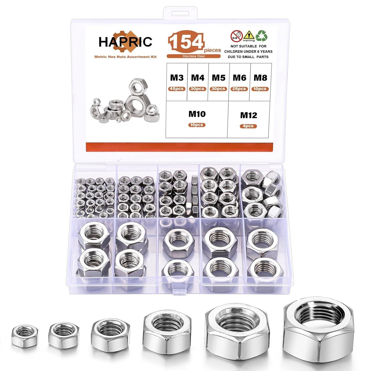 new 154 Pcs Metric Hex Nuts Assortment Kit, M3 M4 M5 M6 M8 154Pcs