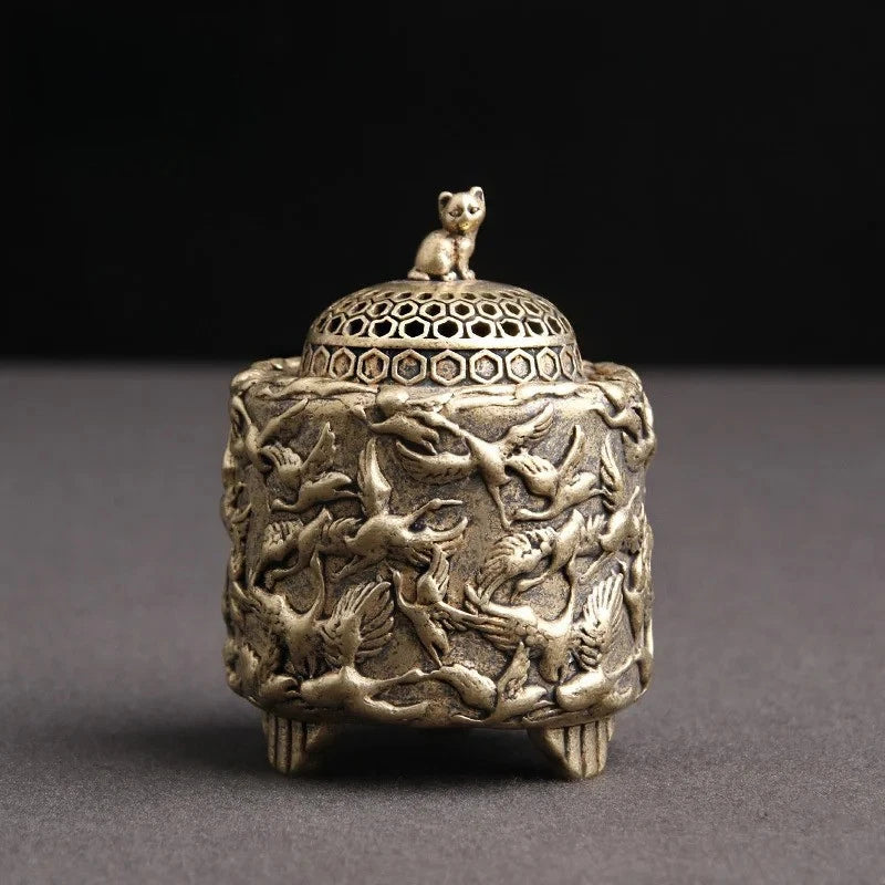 5.3cm Brass Hand-carved Crane Cat Lid Incense Burner Home Decoration Censer 07FC0E-D4 - KOEEK