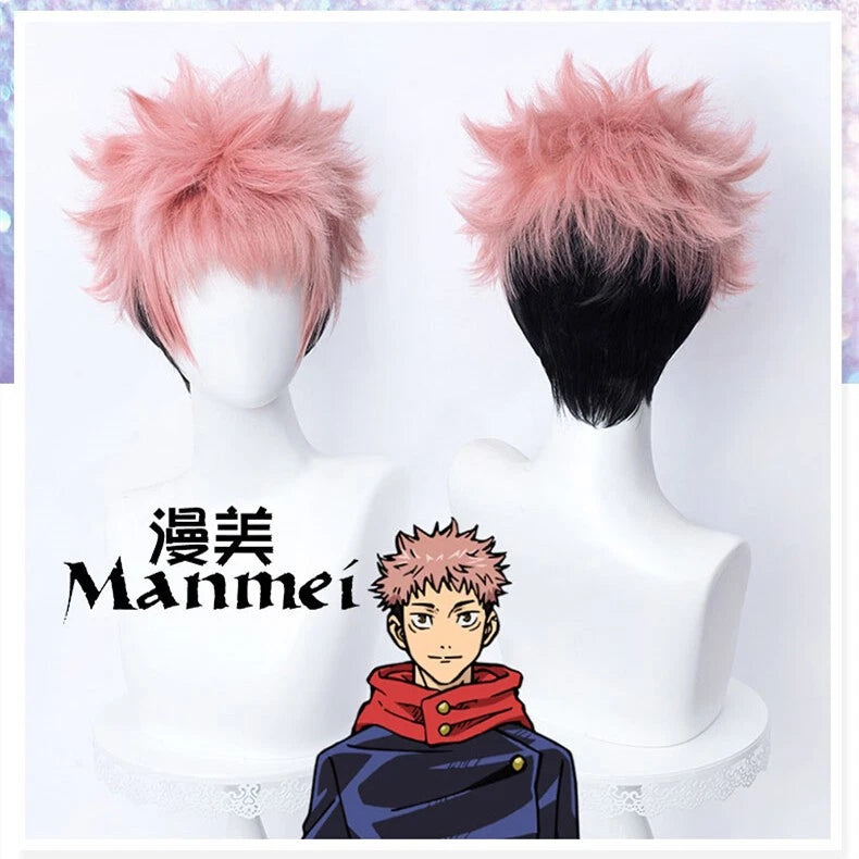 Anime Jujutsu Kaisen Itadori Yuji Cosplay Wig Men Pink+Black Short Hairpiece Wig 07FC0E-D4 - KOEEK