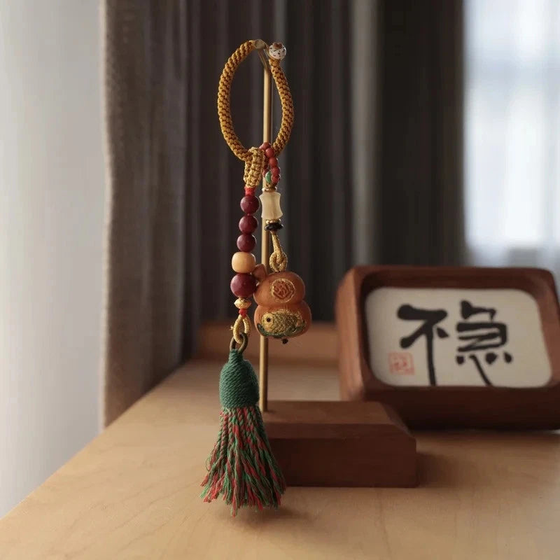 Peach Wood Handcarved Koi Gourd Keychain Buddha Bead Amulet Auspicious Pendant 07FC0E-D4 - KOEEK