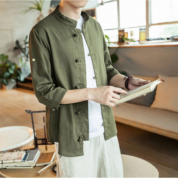 Men Vintage Kung Fu Shirts Tops 3/4 Sleeve Cotton Linen Chinese Style Tang Suit 07FC0E-D4 - KOEEK