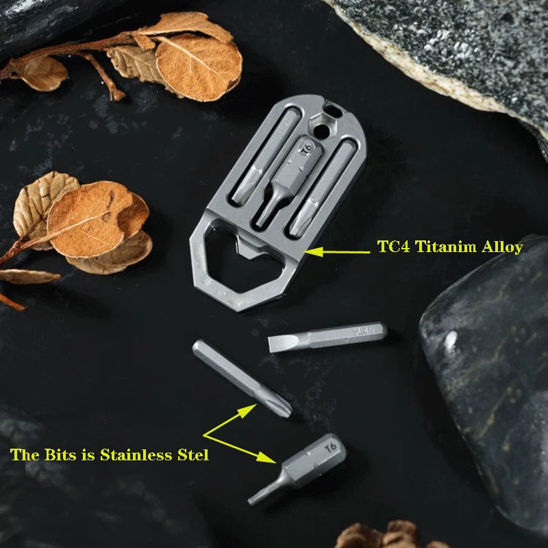 EDC Titanium Multi Tools Bottle Opener Crowbar Pocket with Bit Holder Keychain 07FC0E-D4 - KOEEK