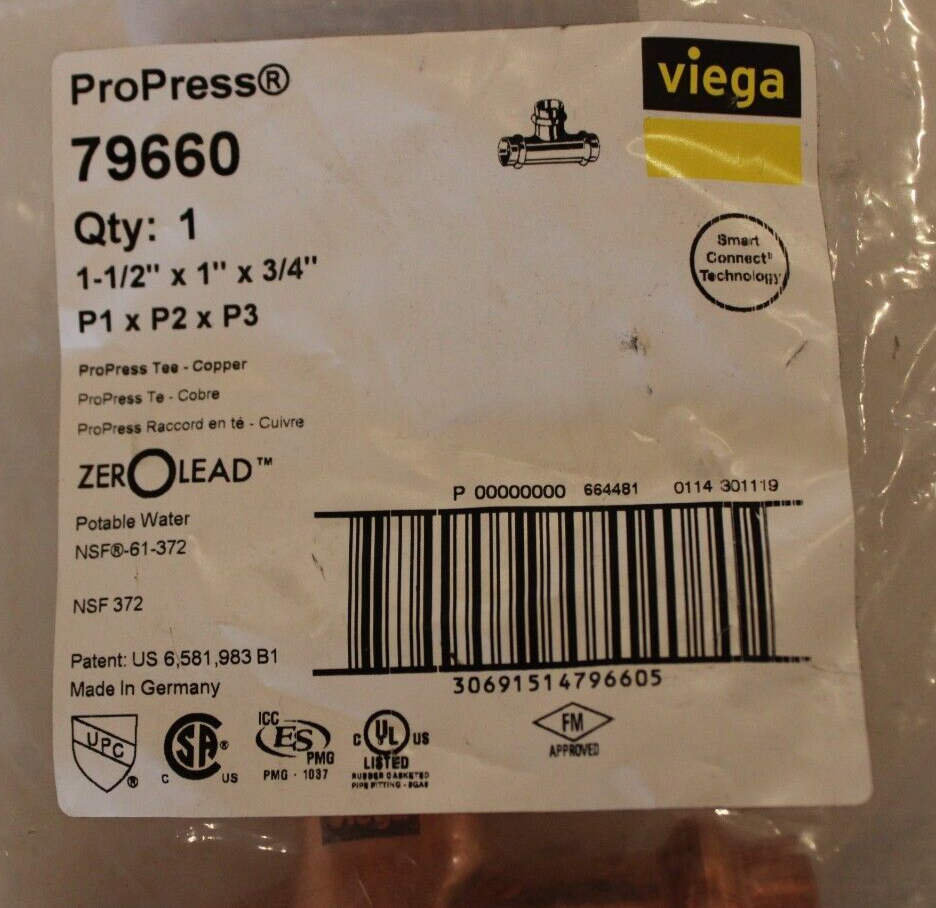 new Viega 79660 - 1-1/2" " P x P x P - Pro-Press Copper Reducing Tee koeek - KOEEK