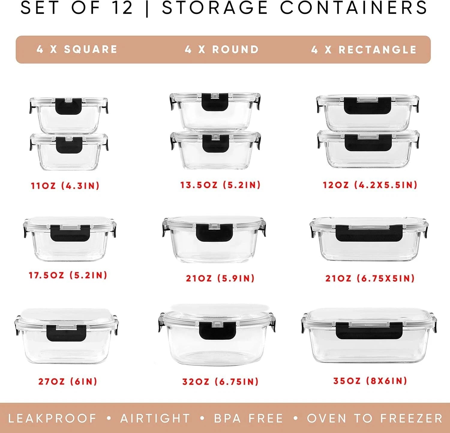 24pc Kitchen Storage Containers with Lids, Glass Meal Prep Container for Lunch 07FC0E-D4 - KOEEK