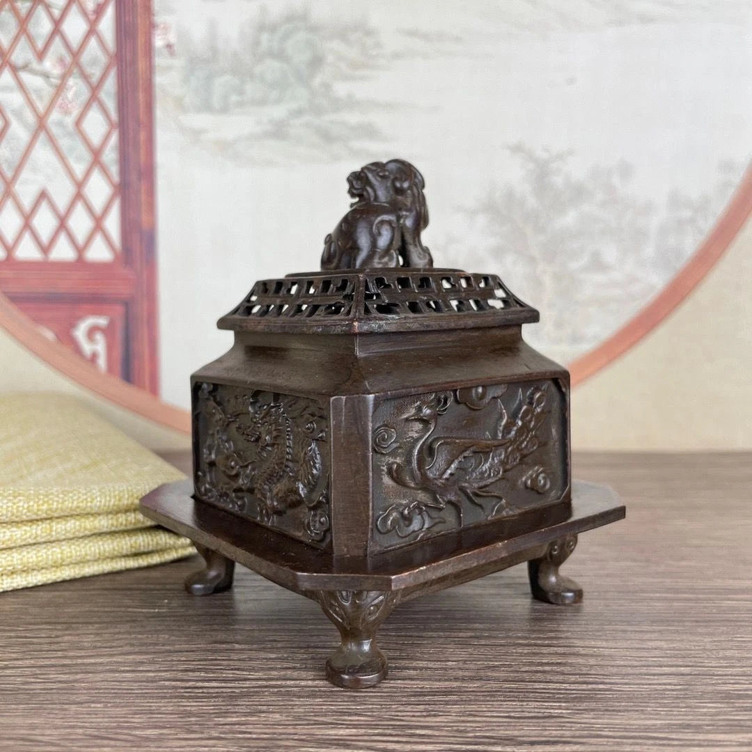 Chinese Style Four Beasts Incense Burner Set Bronze Tone With Lid Decor 07FC0E-D4 - KOEEK