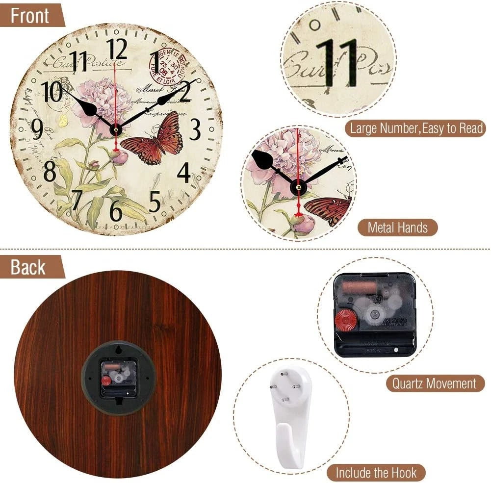 14''Silent Non-Ticking Wall Clock,Arabic Numerals Pattern Wooden Round Clock 07FC0E-D4 - KOEEK