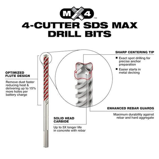 new Milwaukee Tool 48-20-7663 8 Pc. 4-Cutter Mx4 Sds-Plus Rotary Hammer Drill Bit Milwaukee - KOEEK