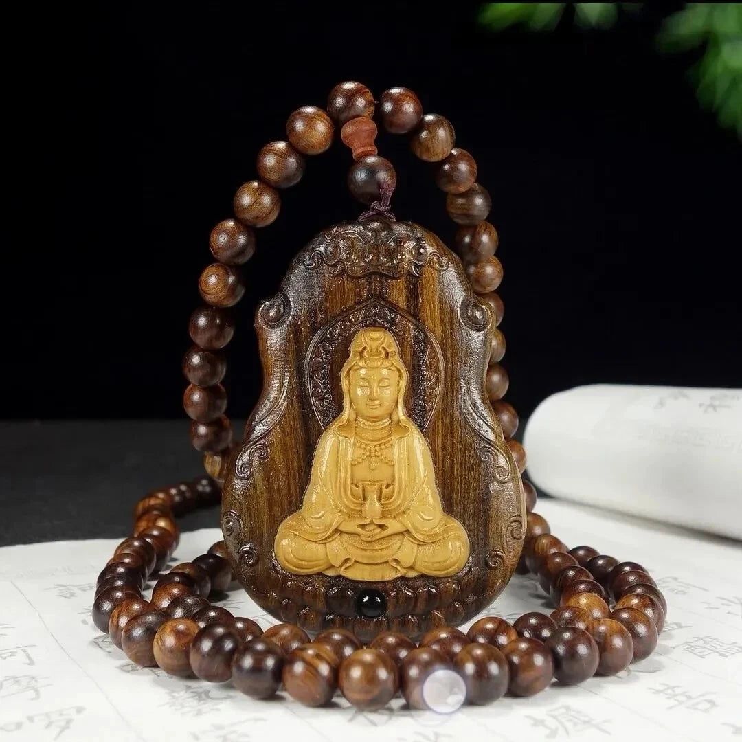 108 Beads Guanyin Buddha Bless  Pandent Necklace Natural Wood Prayer Beads 07FC0E-D4 - KOEEK