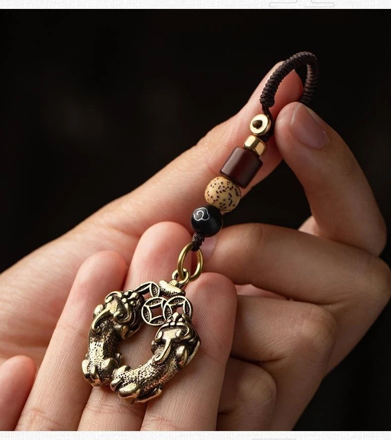 Double Bite Pi Xiu Brass Mobile Pendant U Disk Keychain Retro Unisex Handmade 07FC0E-D4 - KOEEK
