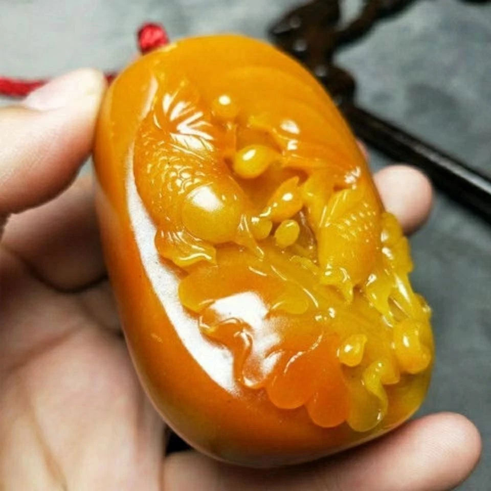 Chinese antique Huanglong jade carved goldfish swimming pendant 07FC0E-D4 - KOEEK
