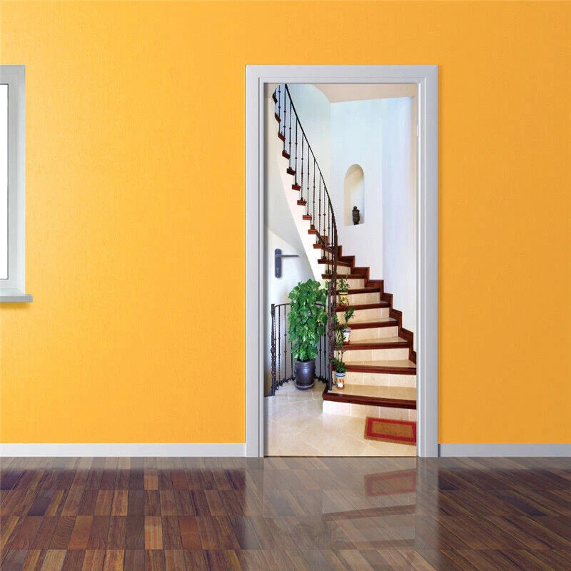 3D Wooden Stairs Self-adhesive Door Mural Door Wall Decals Wallpaper Stickers 07FC0E-D4 - KOEEK