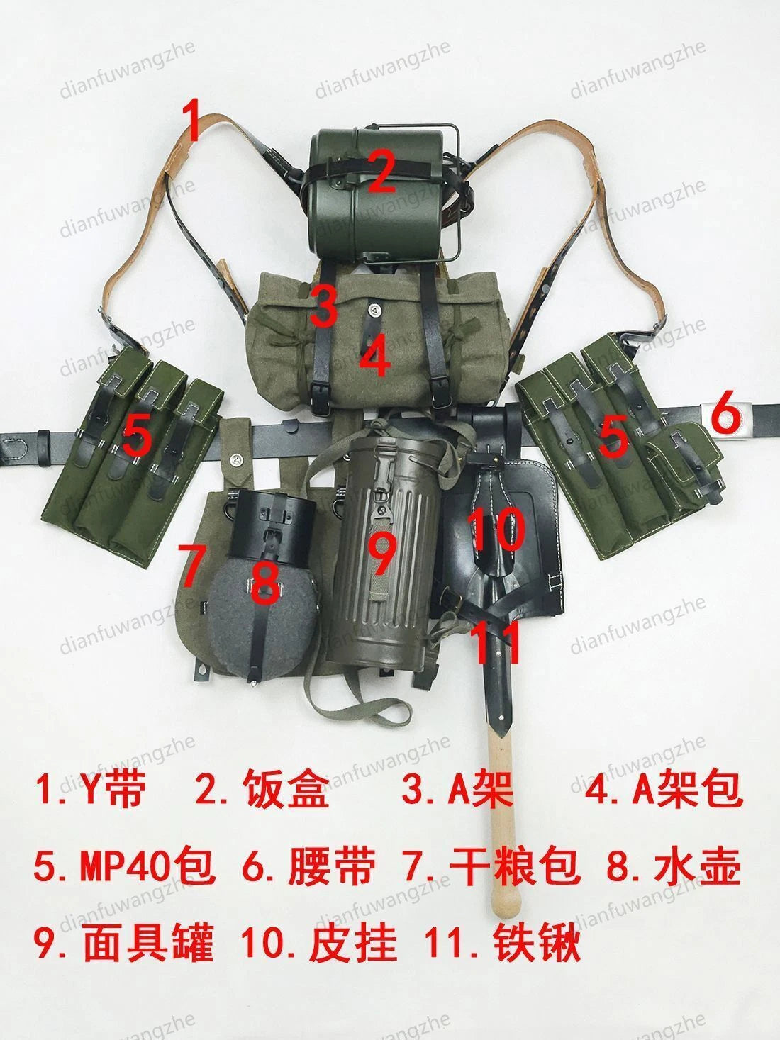 Replica MP40 Canvas Tactical Equipment 98K Straps Bottle Gas Mask Can 11pcs Set 07FC0E-D4 - KOEEK