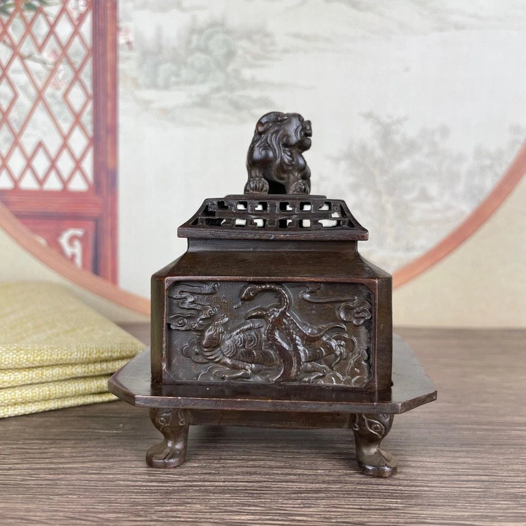 Chinese Style Four Beasts Incense Burner Set Bronze Tone With Lid Decor 07FC0E-D4 - KOEEK
