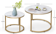 Coffee Table Gold Frame Round Marbled Wood Table, Minimalist Nightstand