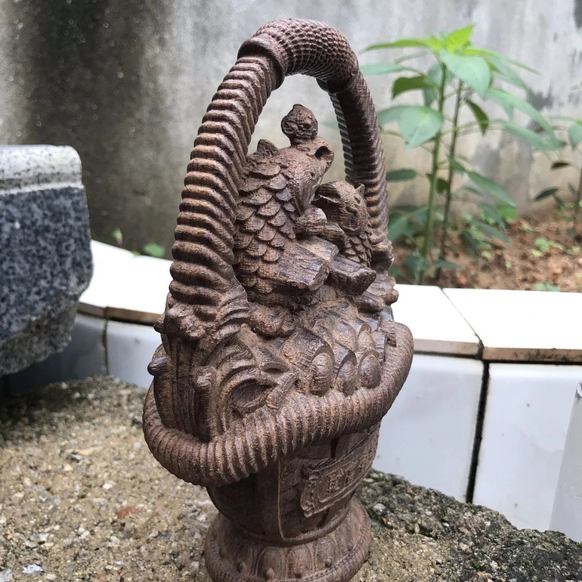 Vietnam Agarwood Flower Basket Figurine 18cm Wood Carving Feng Shui Decor Gift 07FC0E-D4 - KOEEK