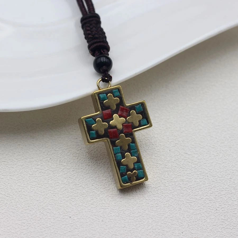 Himalayan Nepal Handmade Brass Cross Pendant Artisan Crafted With Decorative 07FC0E-D4 - KOEEK