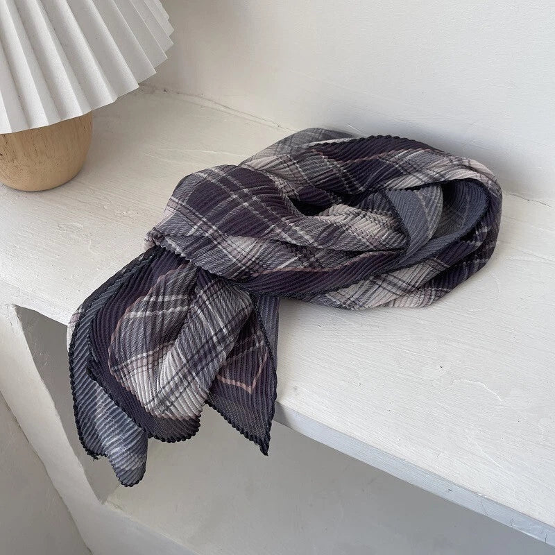 Womens Casual Plaid Pleated Head Scarf Bandana Preppy Breathable Shawl Scarves 07FC0E-D4 - KOEEK