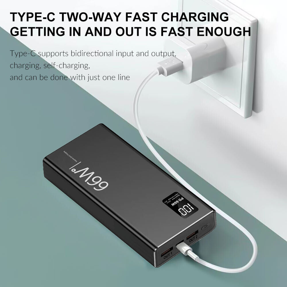 ny 66W bærbar 2USB 300000mAh Power Bank Superhurtiglader PD20W eksternt batteri