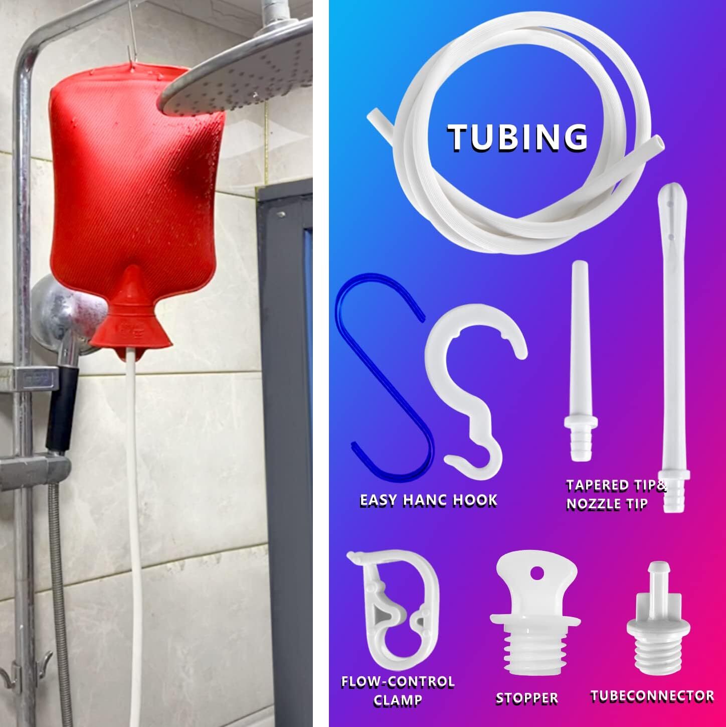 new 2 L Home Enema Bag Kit with 2 Tips,60 inch Long Silicone Hose, Red, Red
