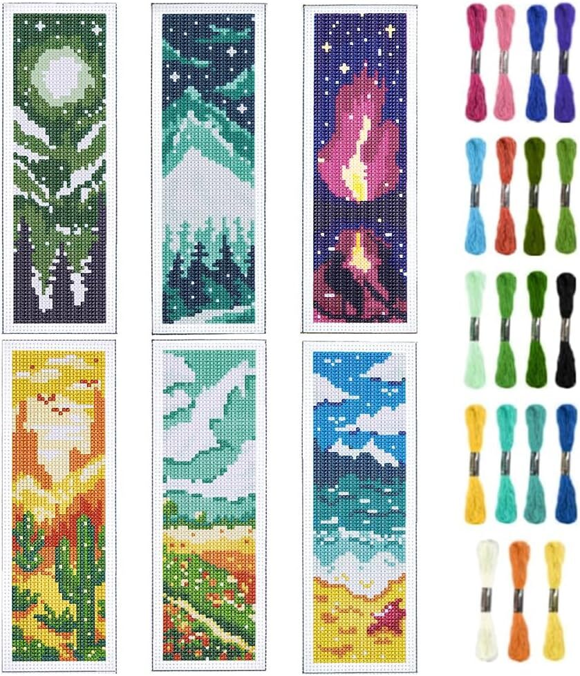 new INFUNLY 6pcs Scenery Cross Stitch Bookmark Kit DIY Beach Stamped blue