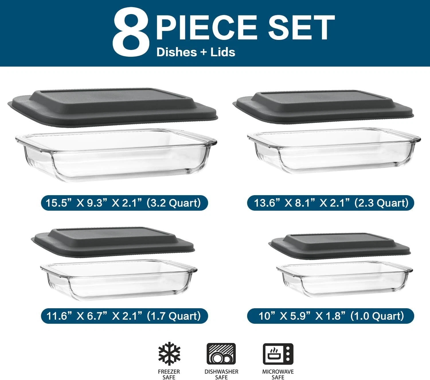 8 Piece DeepGlass Baking Pan Set, Rectangular Glass Baking Pan Set with Lid,Gray 07FC0E-D4 - KOEEK