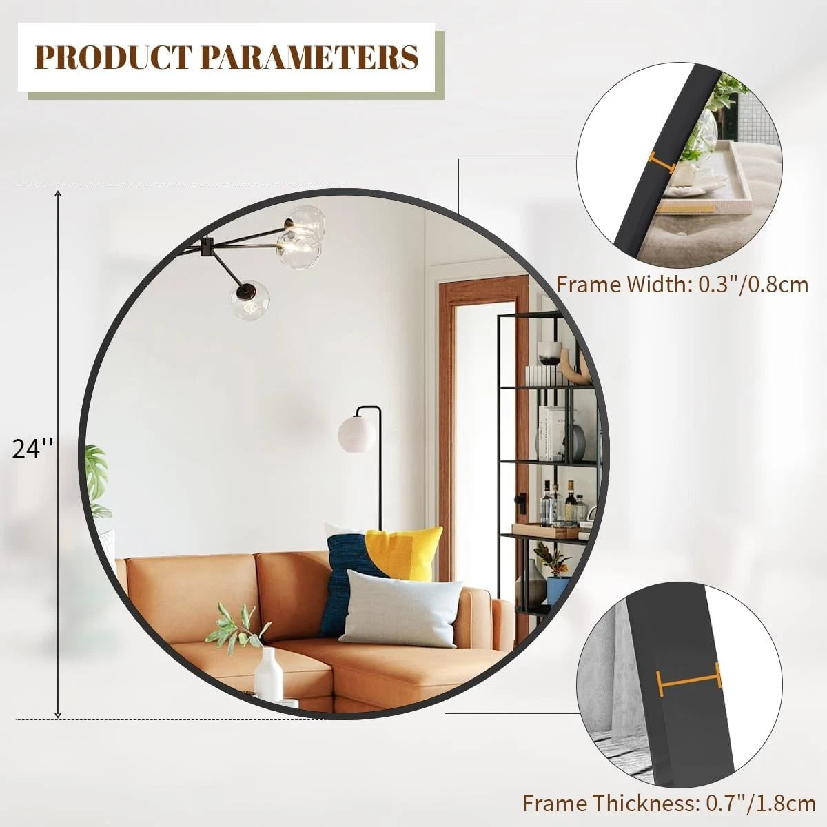 24 Inch Round Mirror, Metal Frame Circle Mirror, Wall Mounted for Entryway 07FC0E-D4 - KOEEK
