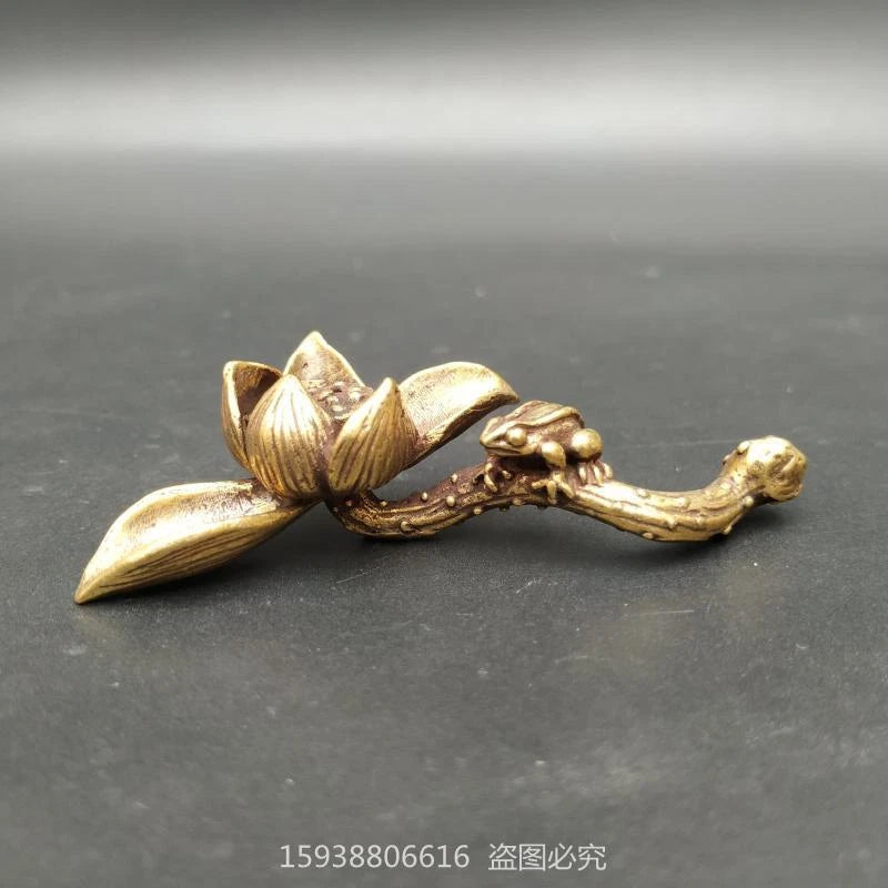 Solid Brass Lotus Frog Mini Ornament Retro Tea Ceremony Tea Pet Bronze Carving 07FC0E-D4 - KOEEK