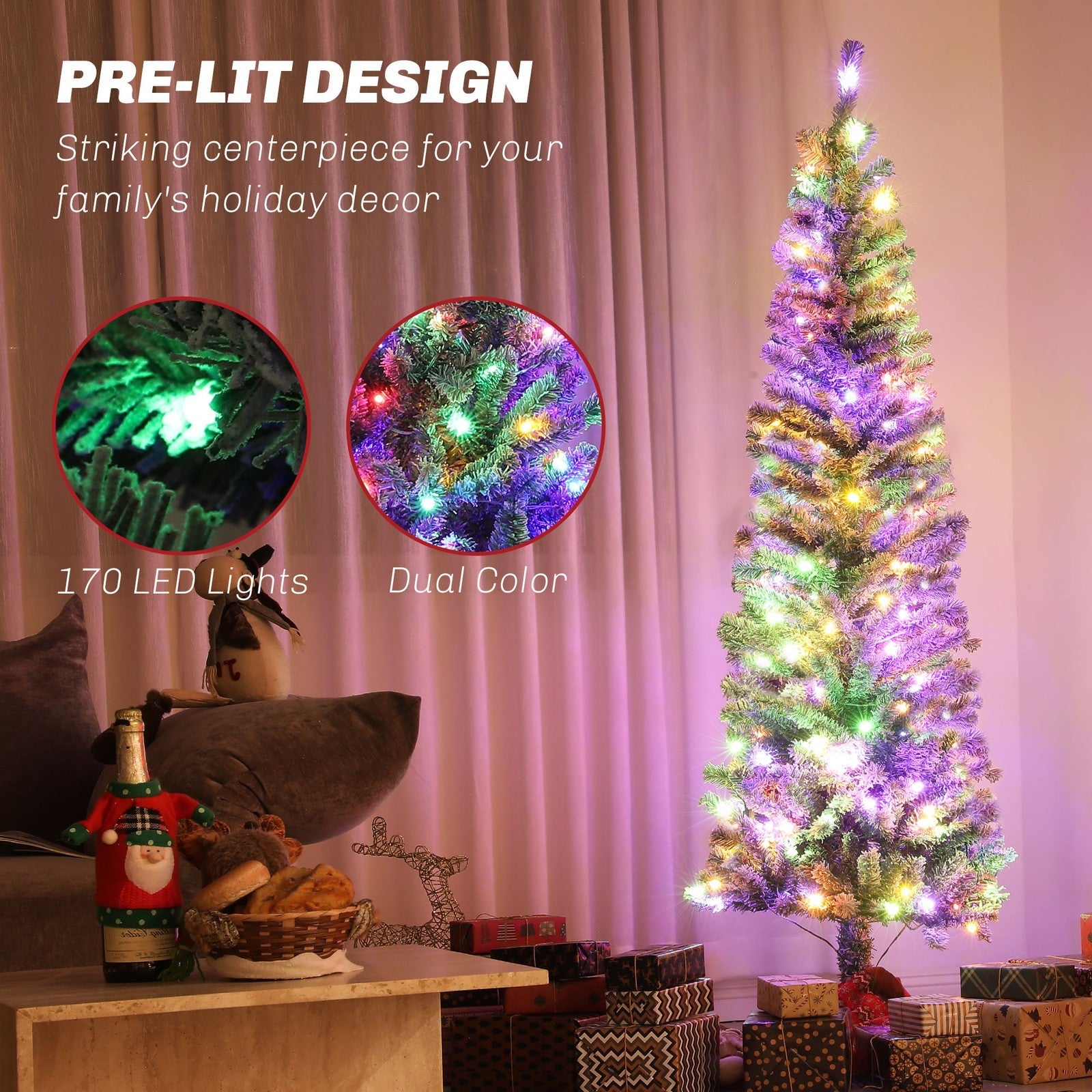 HOMCOM 6 ft Pencil Christmas Tree, Pre-Lit Xmas Tree w/ Dual Color Lights HOMCOM - KOEEK
