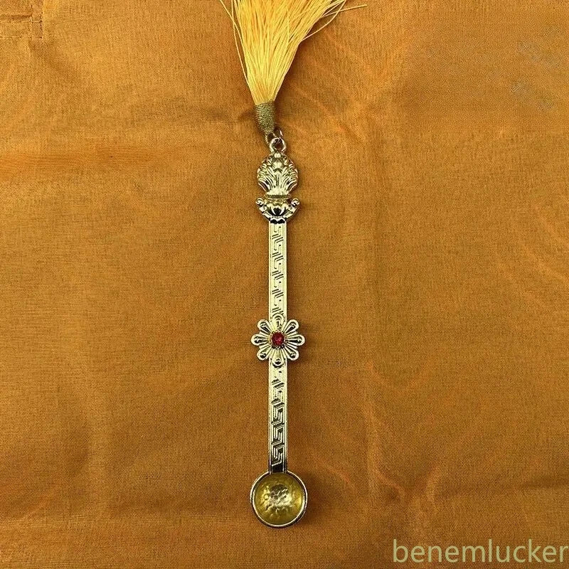 15cm Gold Buddhist Spoon Inlaid Gem Alloy Handicraft Tibetan Buddhism Consecrate 07FC0E-D4 - KOEEK