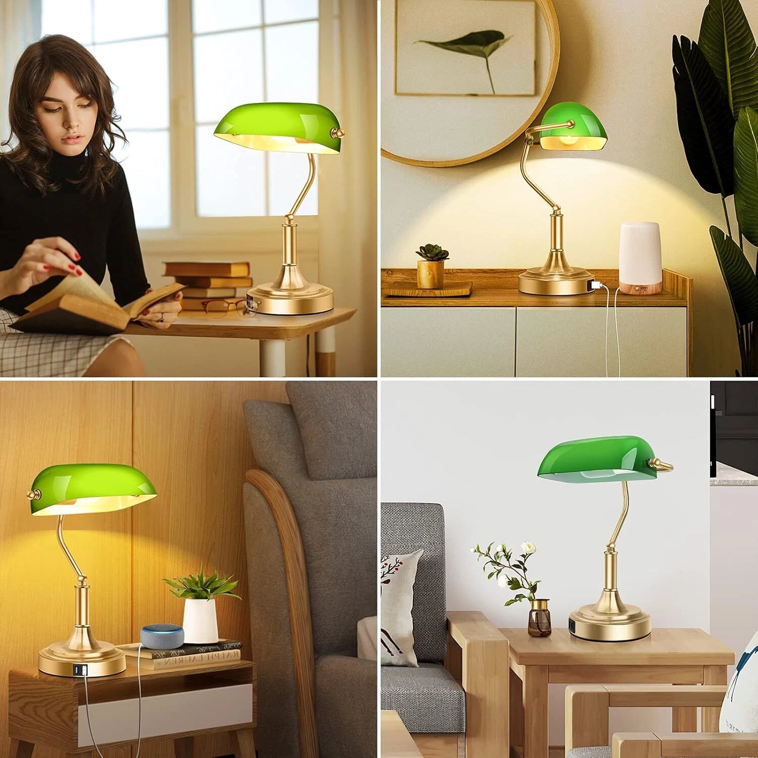 Banker's Desk Lamp with 2 USB Ports, 3-Way Dimmable Vintage Desk Lamp 07FC0E-D4 - KOEEK
