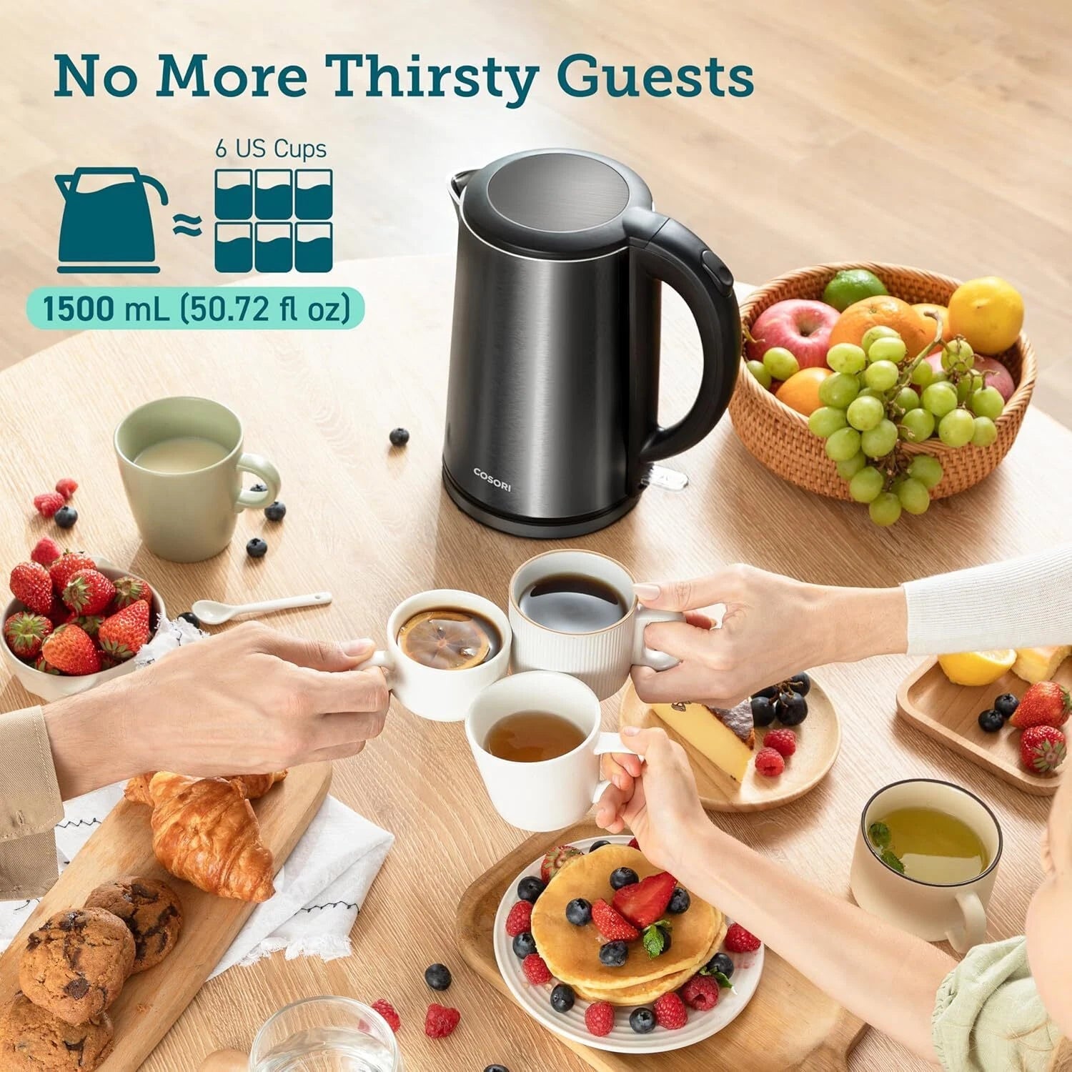 Electric kettle, double wall stainless steel, 1.5 liters/1500 watts, black 07FC0E-D4 - KOEEK