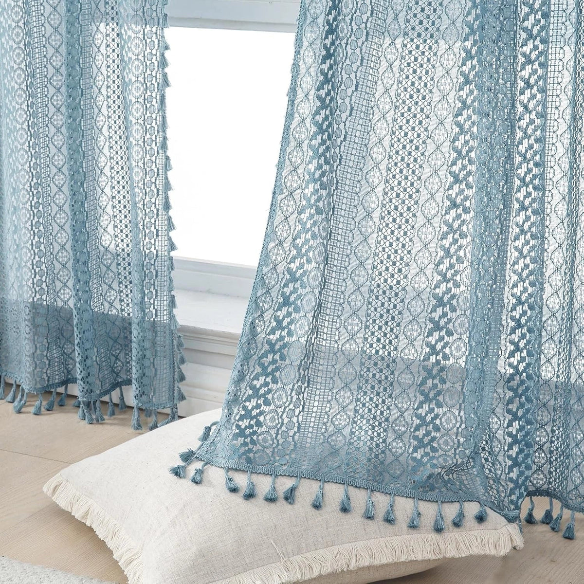 2 cotton sheer slate blue curtains, 63 inches long 07FC0E-D4 - KOEEK