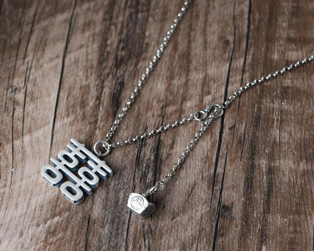 "Xi" Pendant Necklace Double Happiness Long Sweater Chain Silver Plated Vintage 07FC0E-D4 - KOEEK
